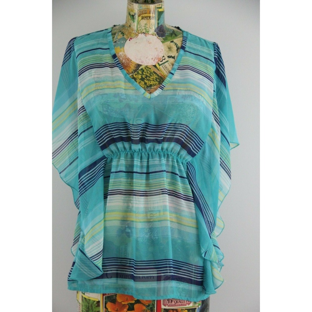 Lauren Hansen Studio Blouse Top Size S Semi Sheer V Neck Pullover Blue Green 518